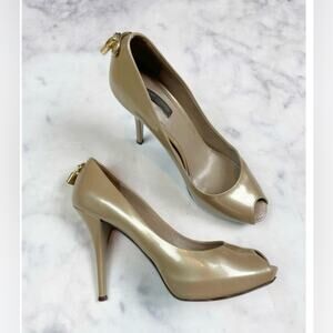 Louis Vuitton Oh Really! Beige Patent Leather Peep Toe Pumps Gold LV Padlock